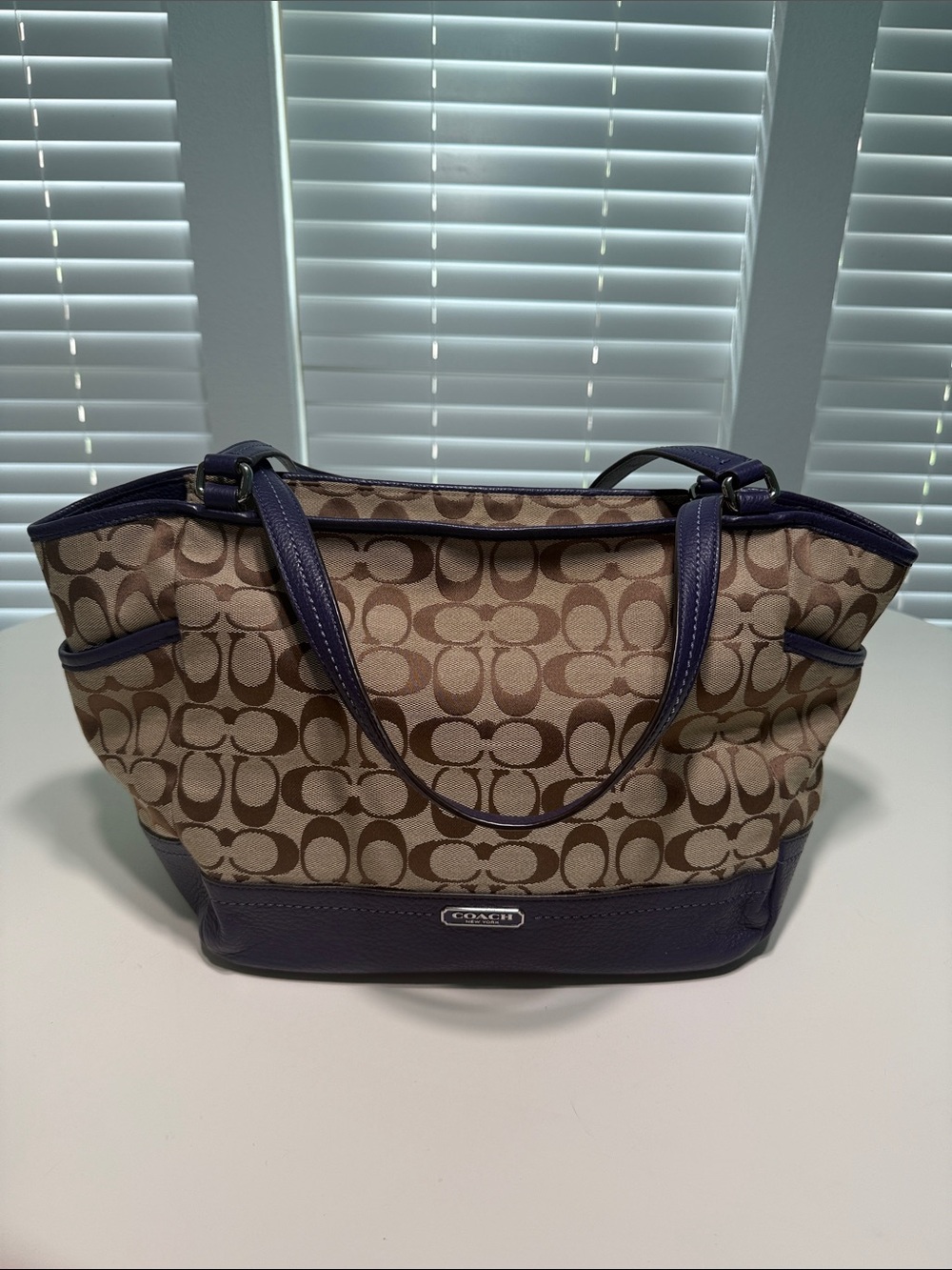 Coach Canvas Tote with Tan Signature Print and Purple Trim
